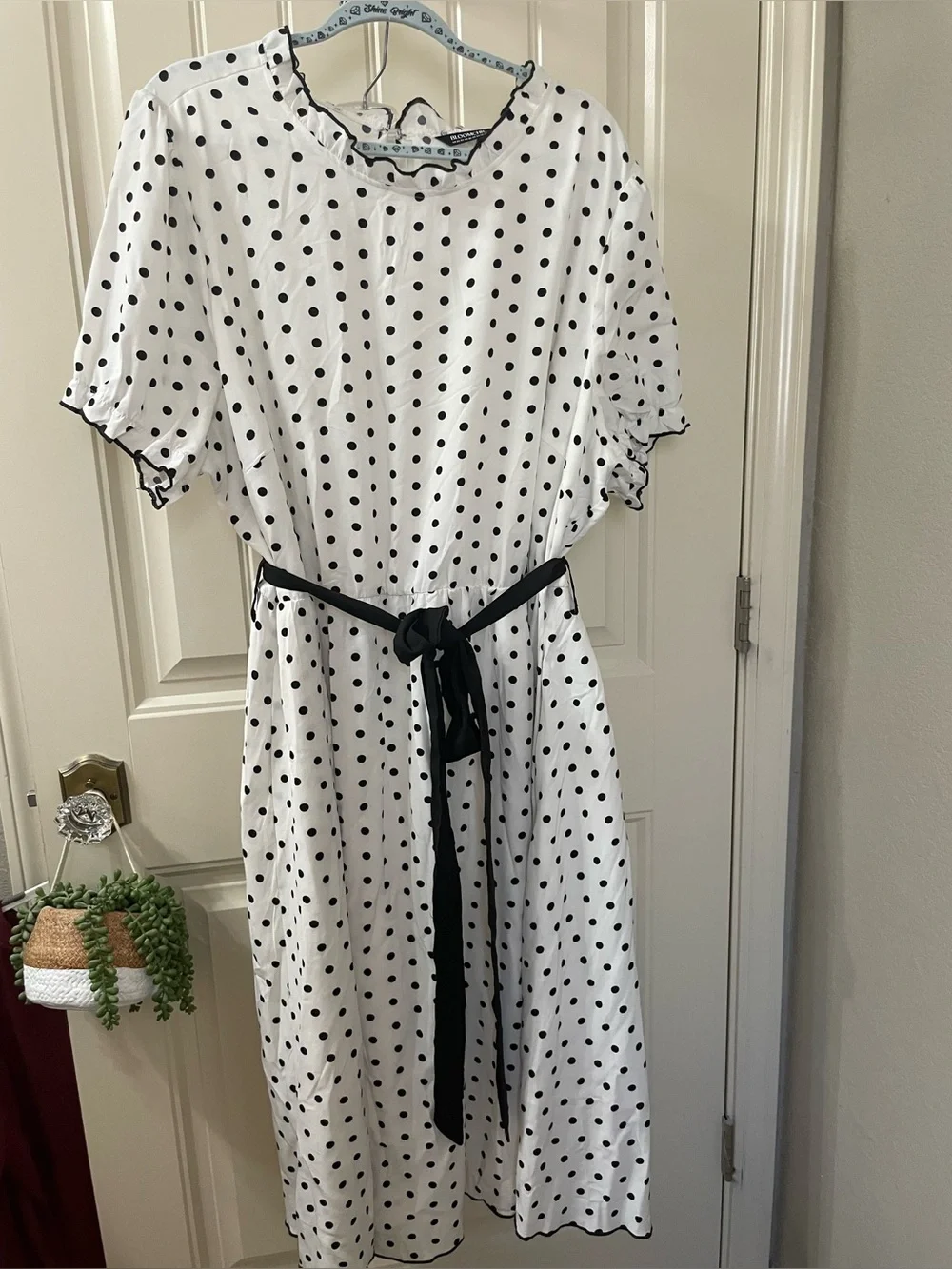 BloomChic White Midi Dress with Black Polka Dots & Black Waist Tie - Picture 1 of 4